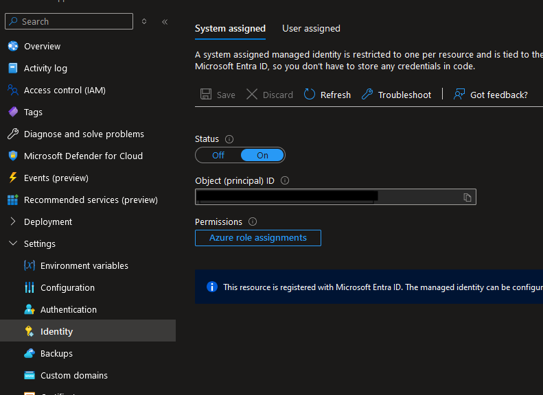 Setting up Managed Identity on an App Service